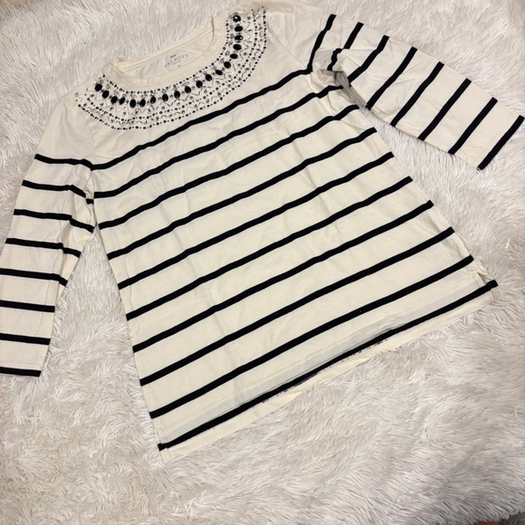 Talbots Tops - Talbots Off-White 100% Cotton Embellished Neckline Striped T-Shirt Size Small P